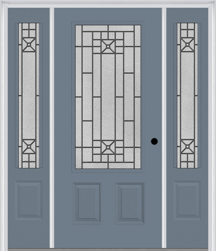 MMI 3/4 Lite 2 Panel 6'8" Fiberglass Smooth Courtyard Nickel Vein Wrought Iron Exterior Prehung Door With 2 Courtyard Nickel Vein Wrought Iron 3/4 Lite Decorative Glass Sidelights 607